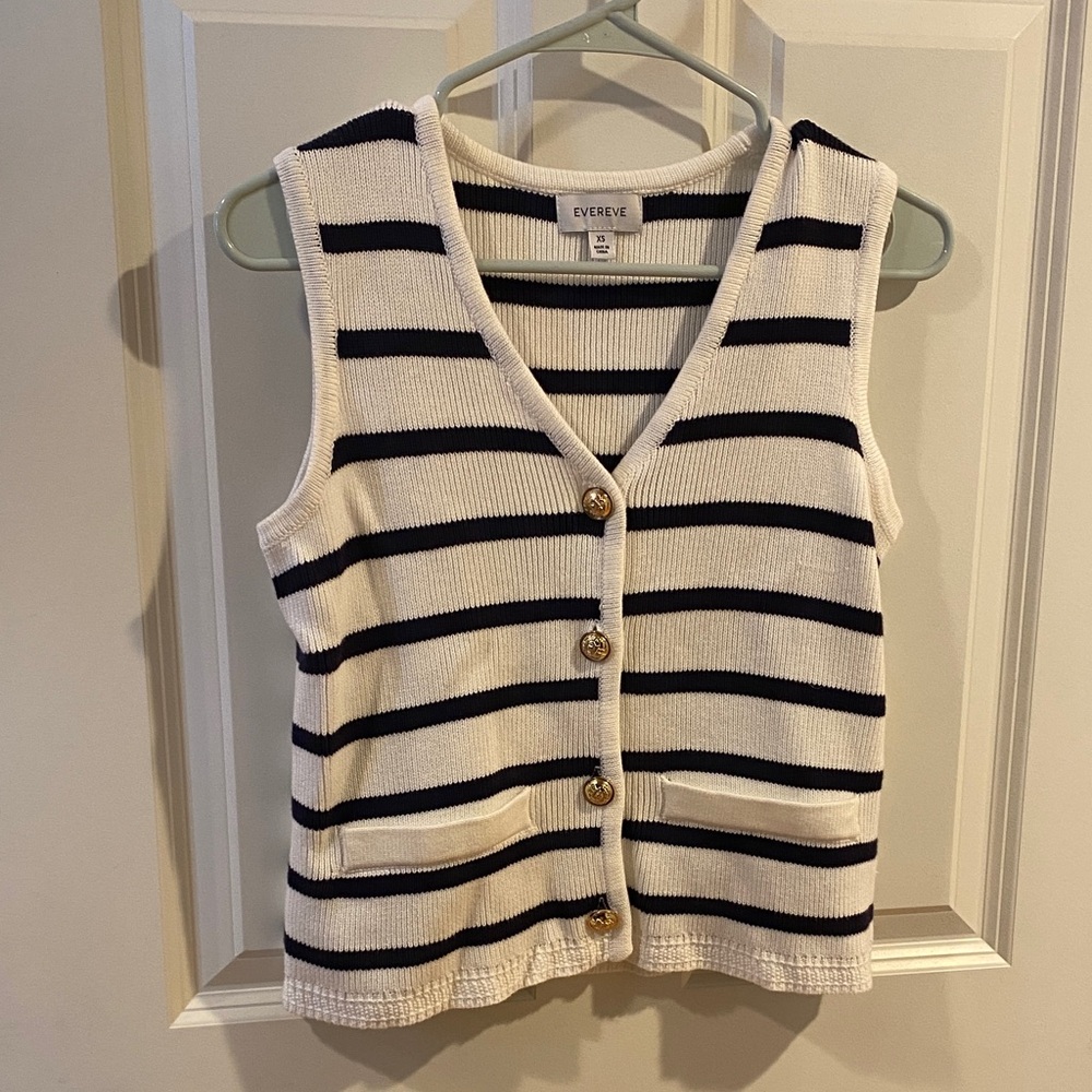 Evereve Cream and Black Striped V-Neck Sweater Vest